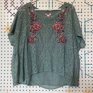 XHILARATION teal embroidered crop lace top, sz XXL